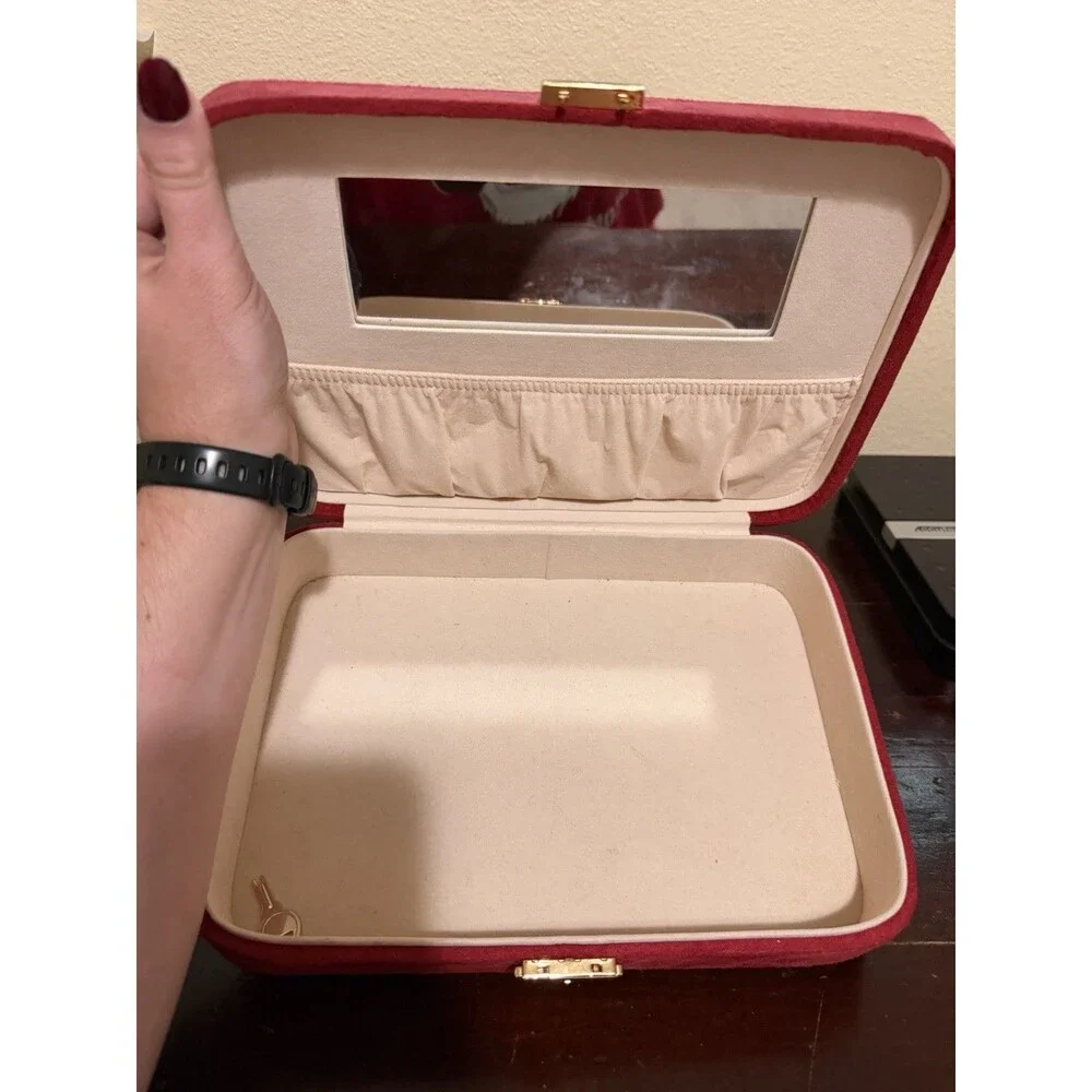 Vintage Red Jewelry Flat Box With Key & Inside Mirror